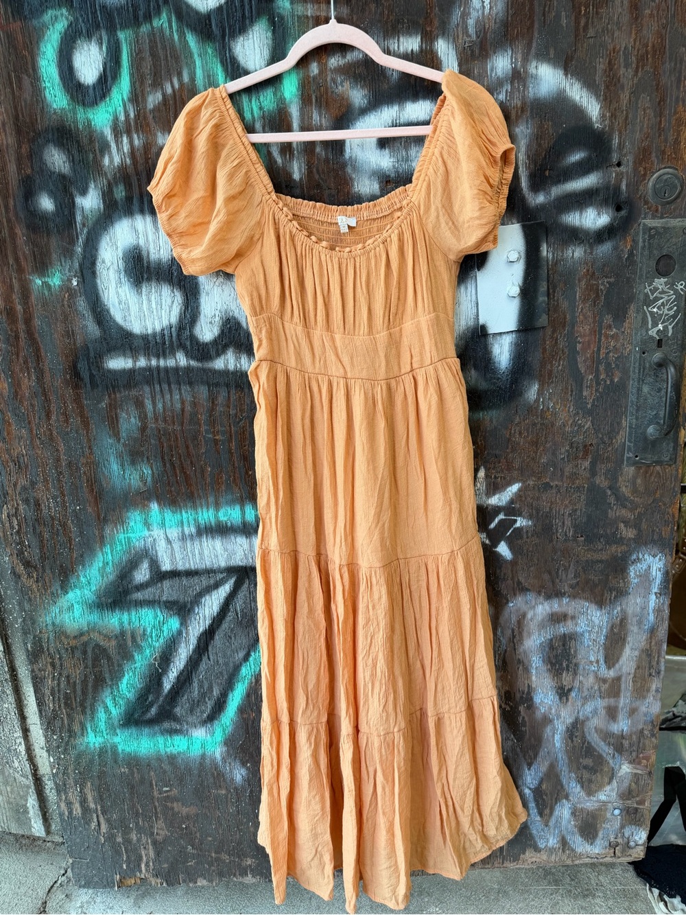 Women's Peach Tiered Puff-Sleeve Ruffle Maxi Dress Orange Long Boutique